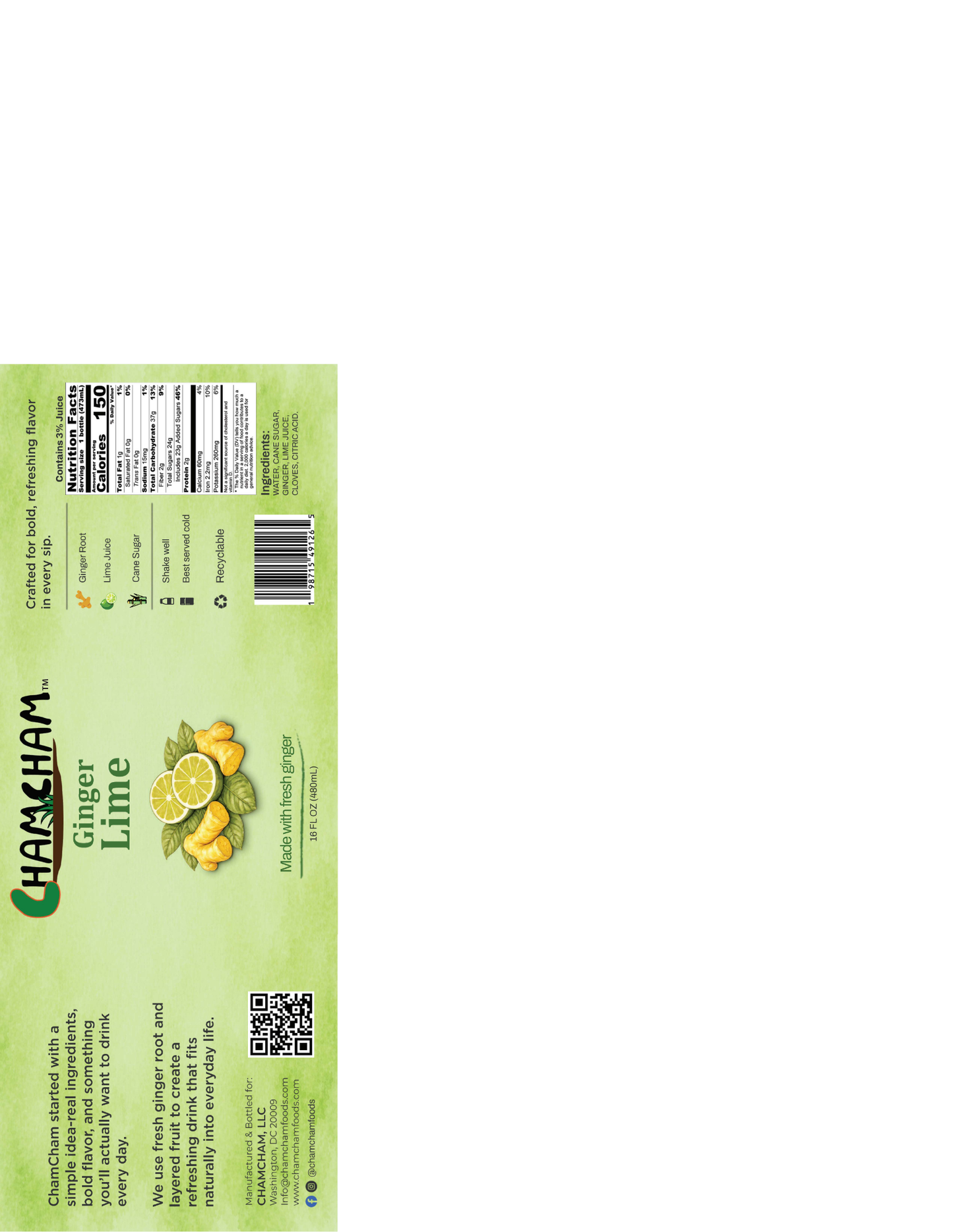 Ginger Lime Drink | ChamCham | Case of 12 | 16 FL OZ